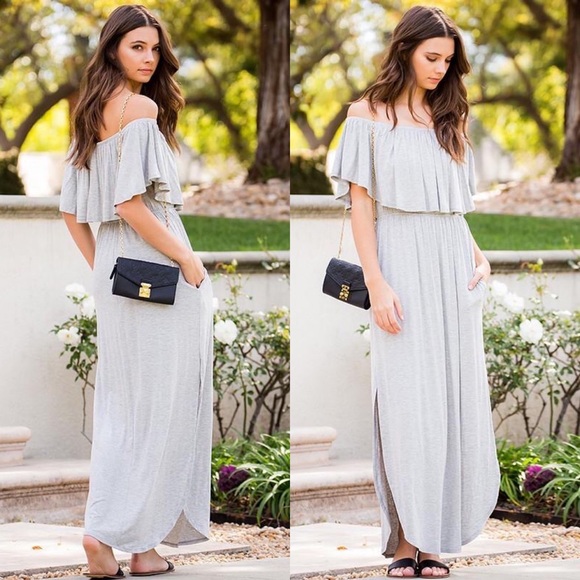 Dresses & Skirts - 🎉HP🎉 Gray Off The Shoulder Ruffle Maxi Dress